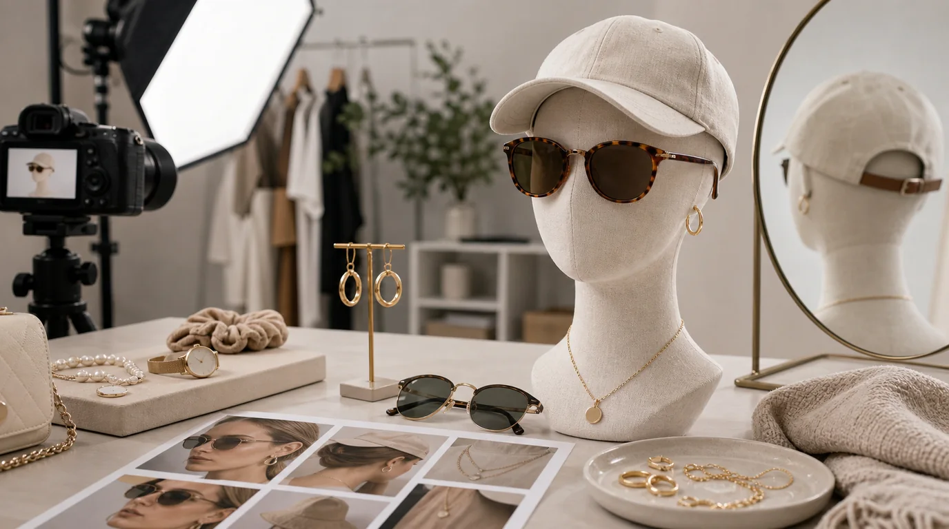 Accessory try-on photo showing earrings, necklace, and sunglasses scale on a model