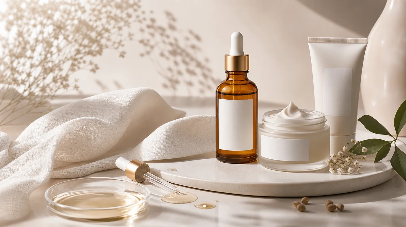 Skincare bottles and cosmetic jars arranged on a clean product photography set