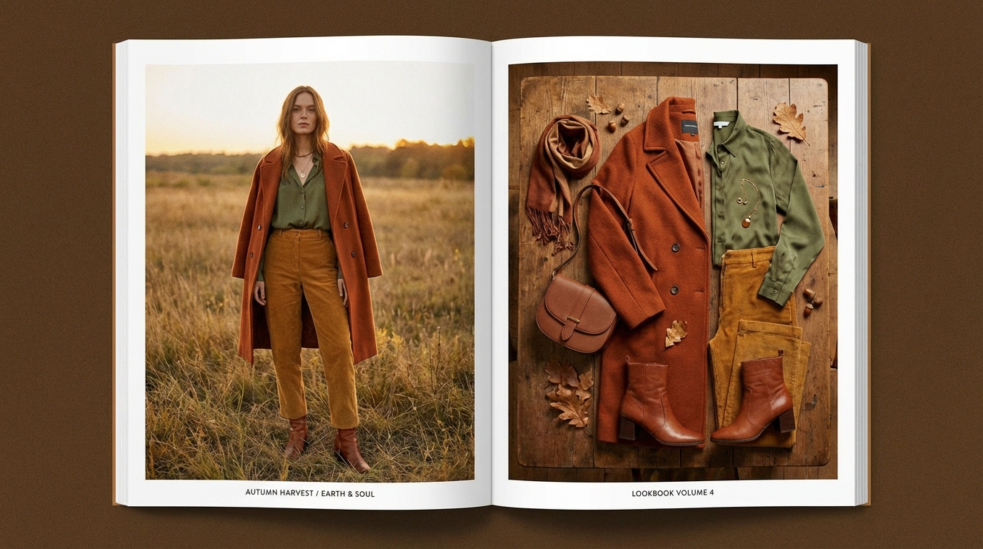 AI-generated fashion lookbook pages showing consistent model and styling