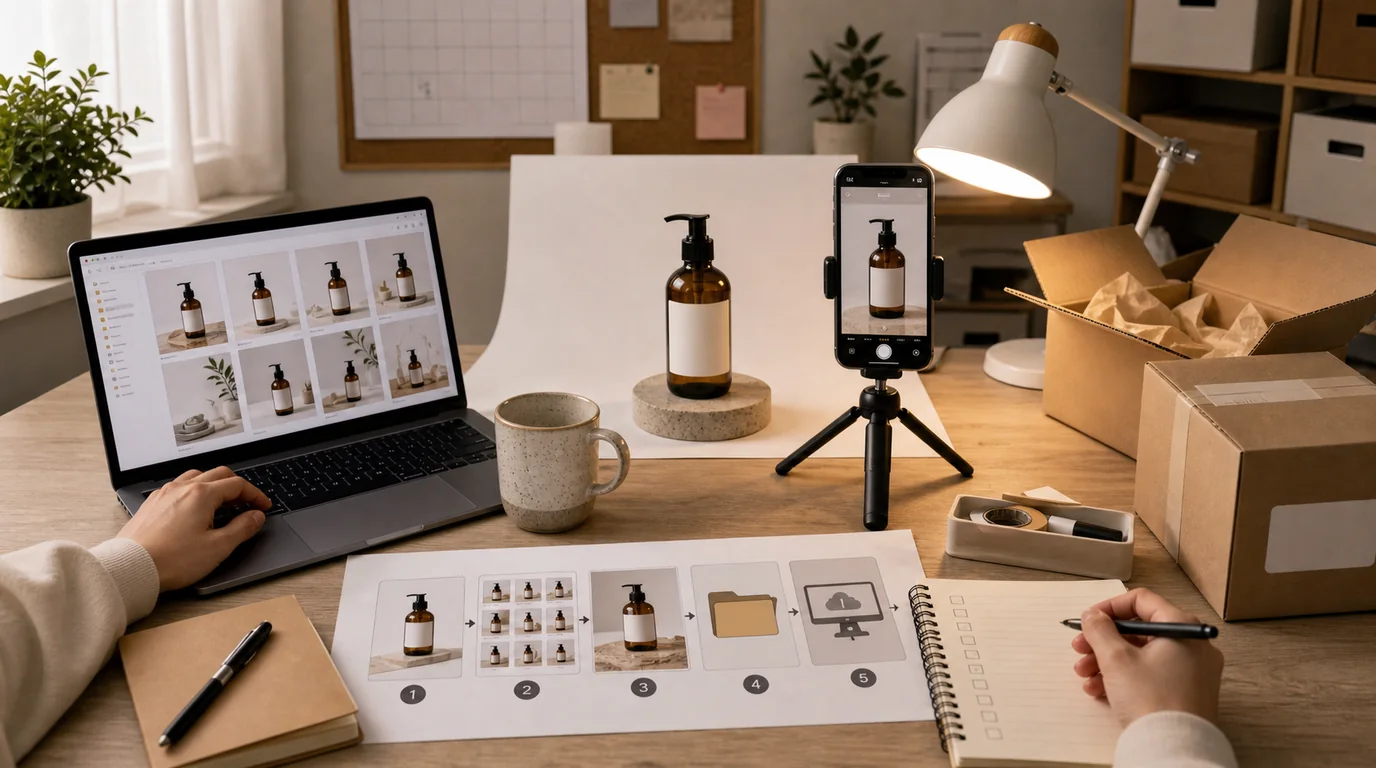 Solo seller organizing AI product photo workflow on laptop