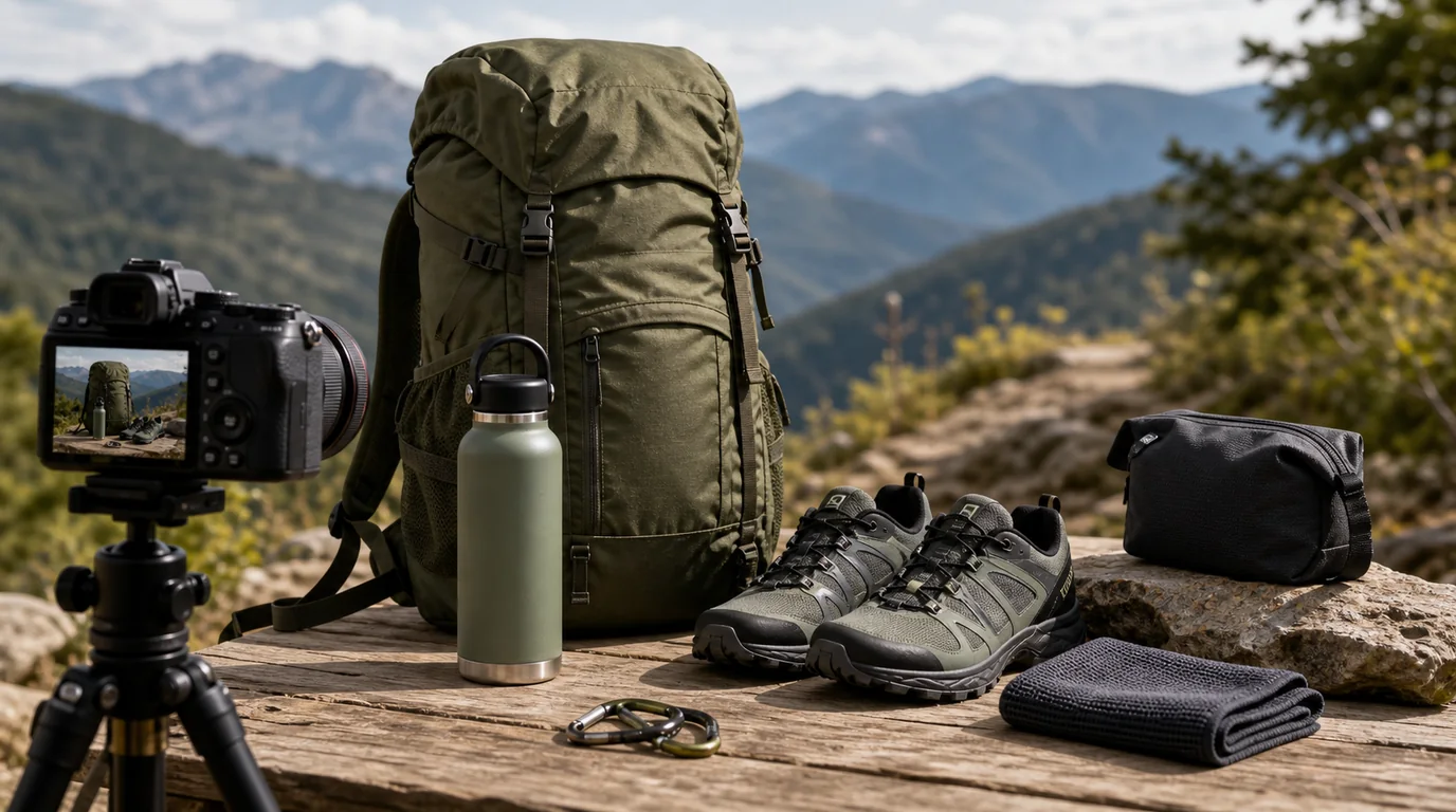 Sports and outdoor gear product photography showing durable materials and trail context