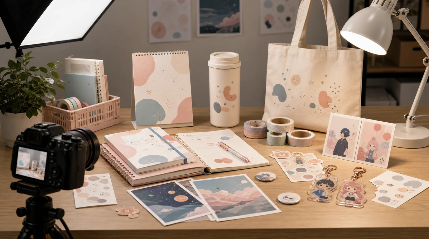 Stationery product photography with notebooks, pens, paper texture, and desk context