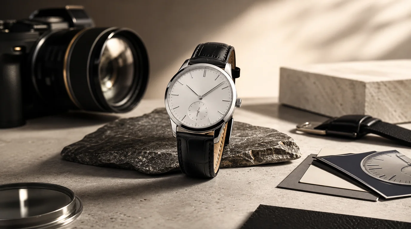 Wristwatch product photo with polished metal reflections and visible dial details