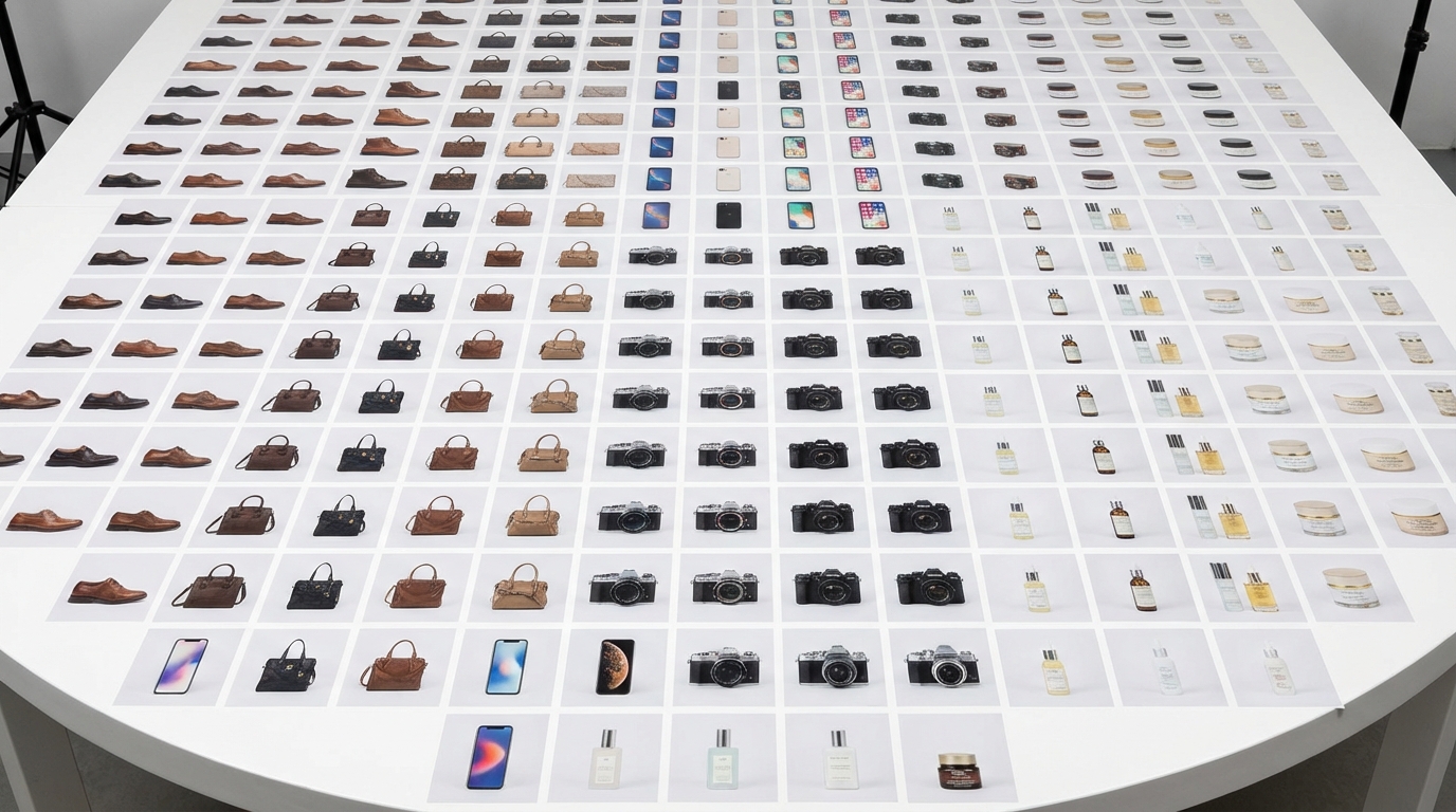 Grid of AI-generated product photos showing batch processing at scale
