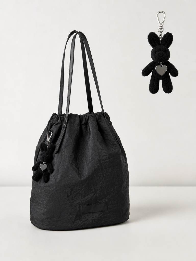 Black Nylon Bucket Bag with Bunny Keyring
