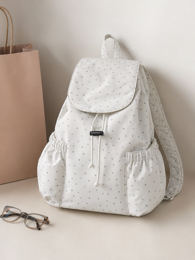 Polka Dot Flap Drawstring Backpack
