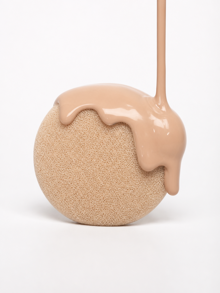 Foundation dripping over a cushion puff