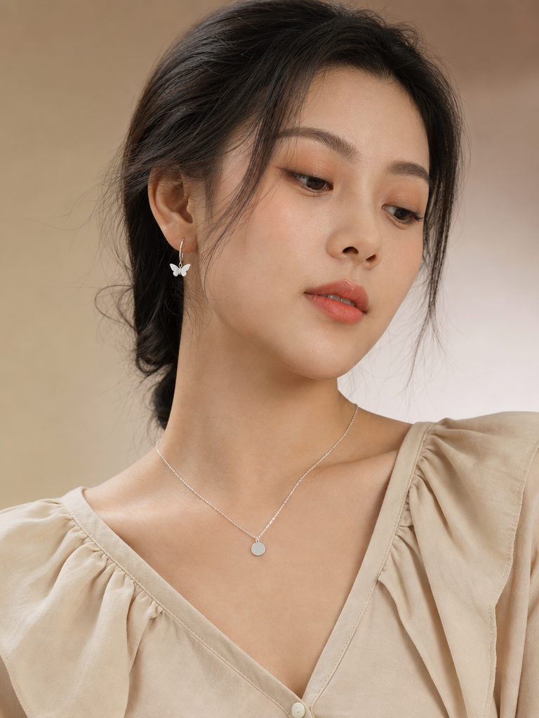 Silver Butterfly Earrings & Round Pendant Necklace Set