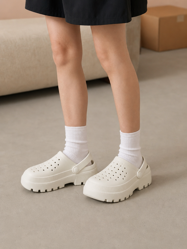 Light Cream Lug-Sole Clog Sandals