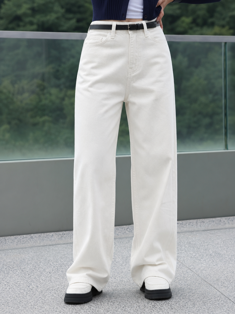 Ivory High-Waist Wide-Leg Denim Pants