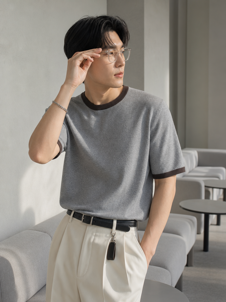 Brown Point Round Short-Sleeve Knit Tee