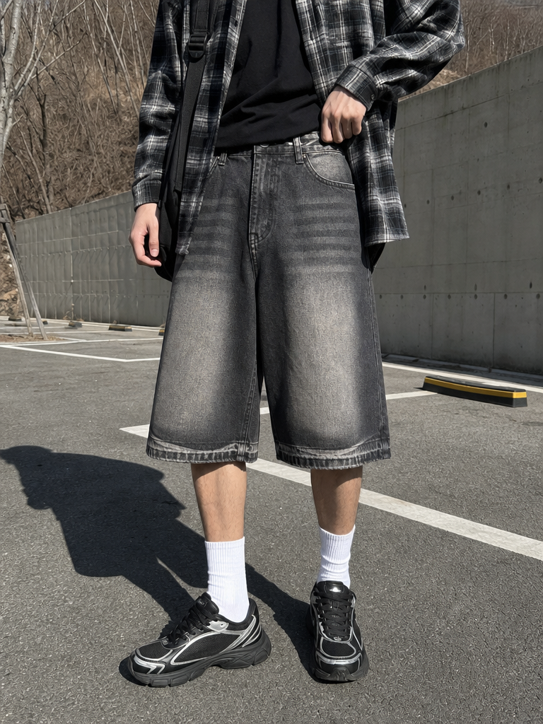 Wide Washed Denim Bermuda Shorts