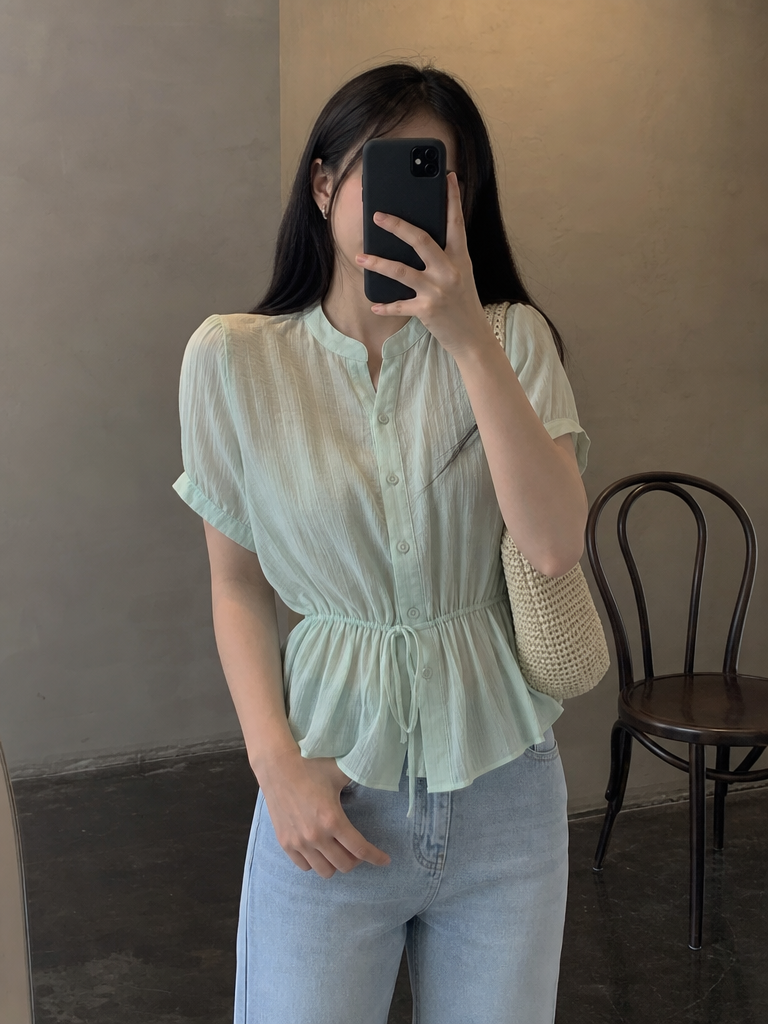 Mint Stripe Shirred String Blouse