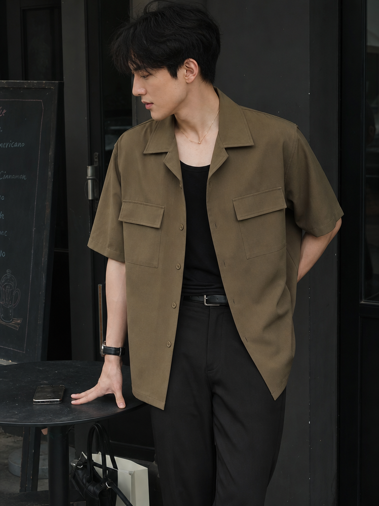 Khaki Open-Collar Pocket Short-Sleeve Shirt