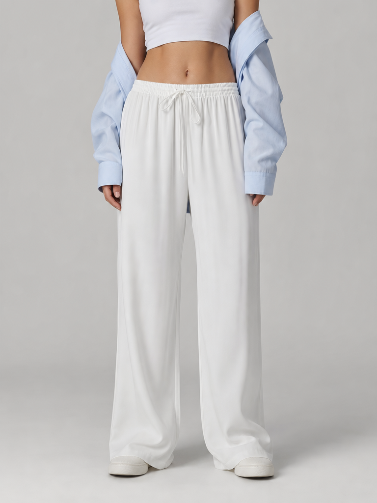 White Drawstring Wide Pants
