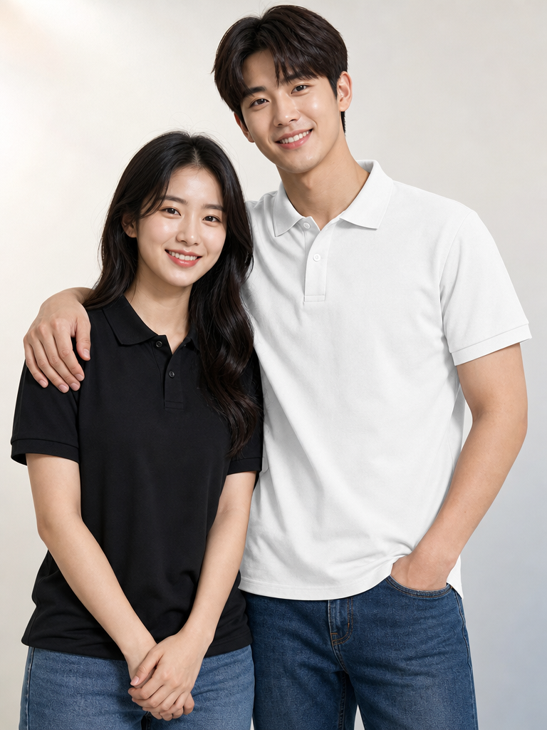 Pique Polo Shirt in Black & White, Couple Look