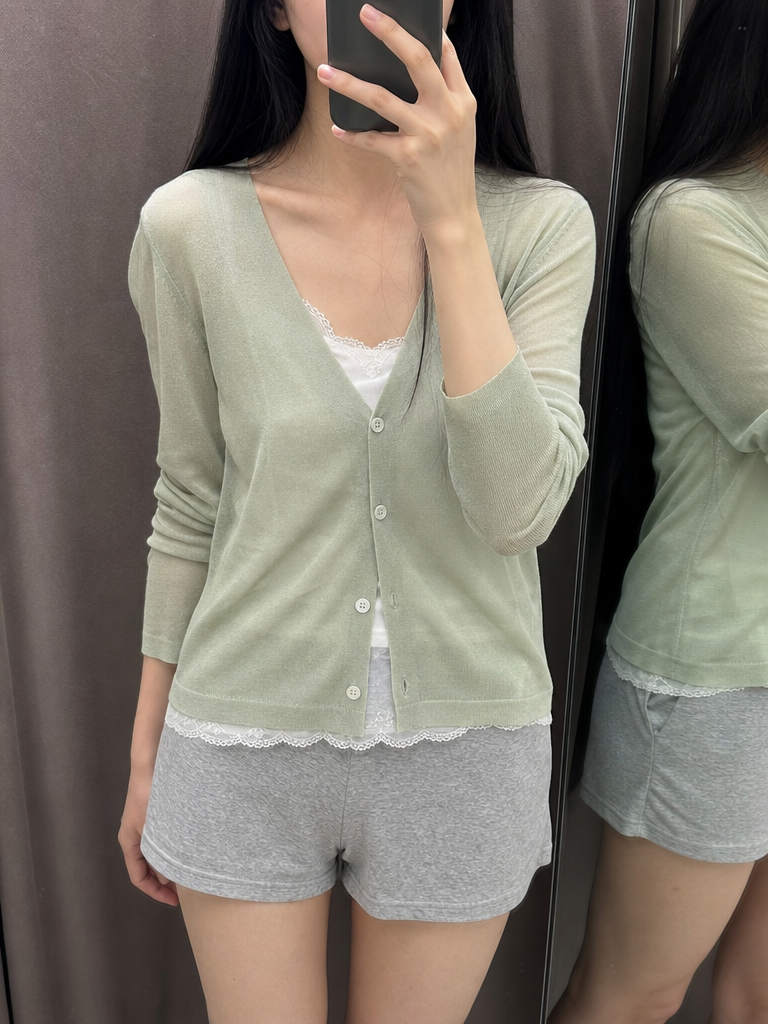 Sheer Knit Cardigan with Lace Slip