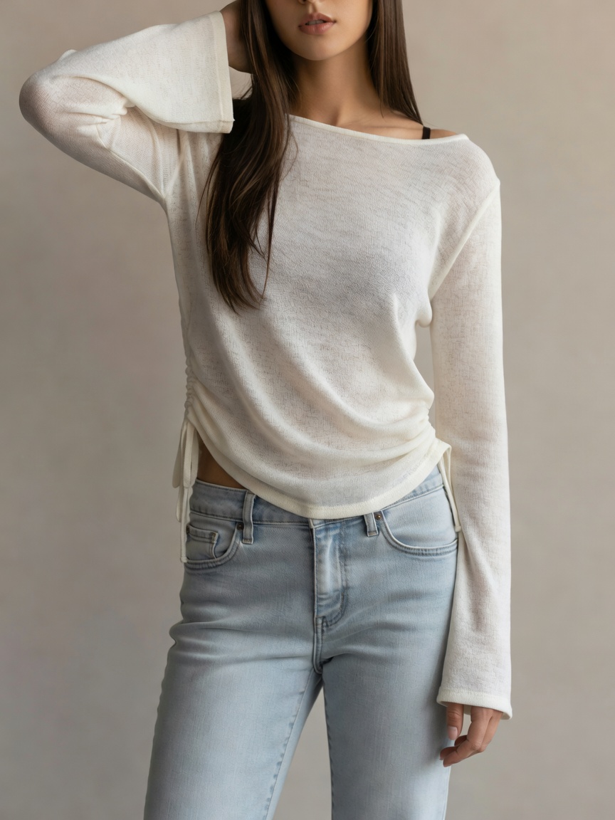 Side-String Sheer Knit Pullover
