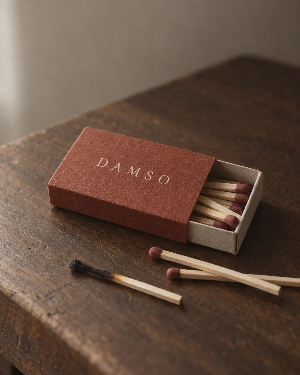 DAMSO matchbox on a walnut table