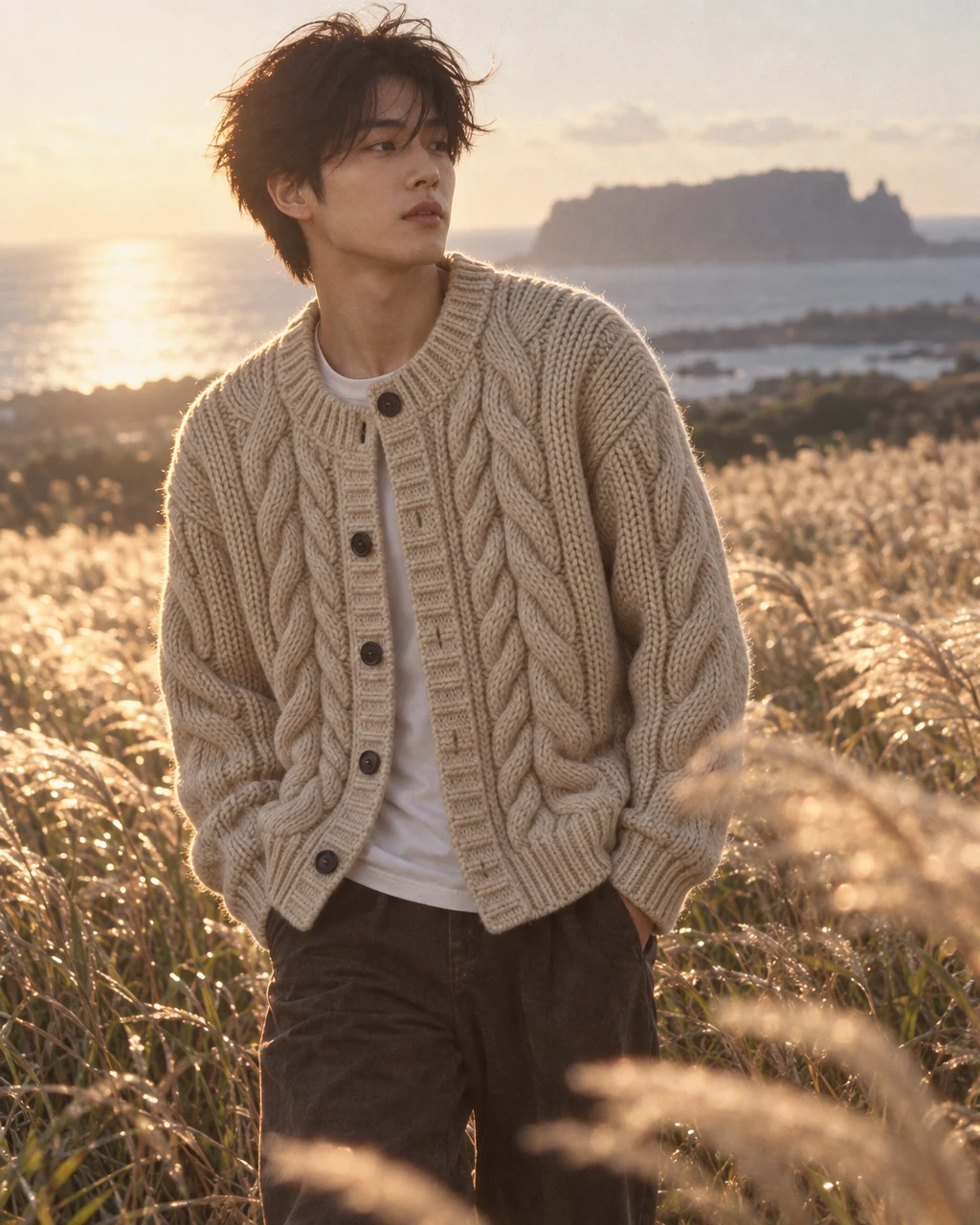The OLLAE cable cardigan in a field of silver grass