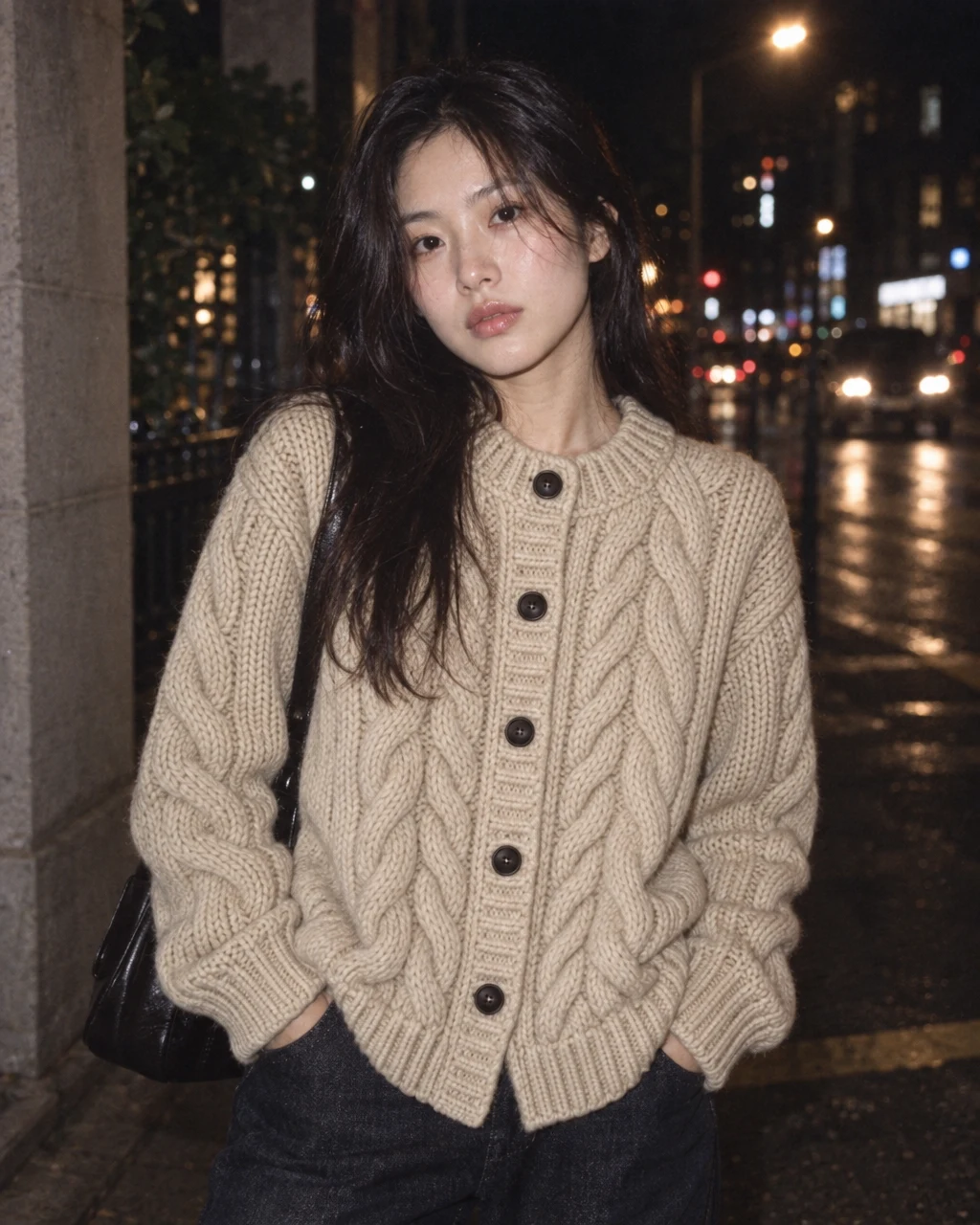 The OLLAE cable cardigan on a night street, shot with flash