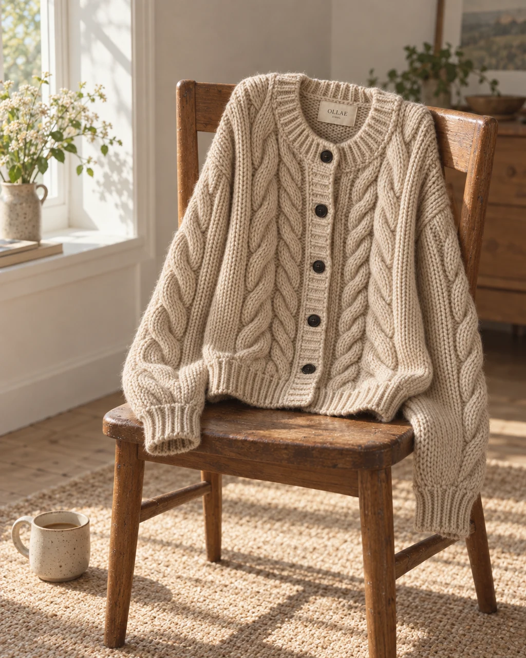The OLLAE cable cardigan draped on a chair by the window