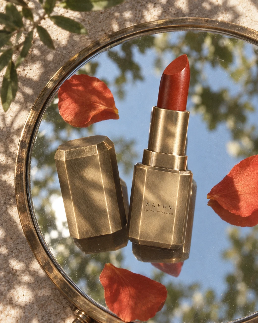NAEUM Persimmon lipstick on a round mirror scattered with petals
