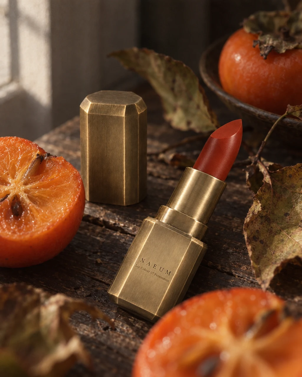 NAEUM Persimmon lipstick among persimmons and dry leaves
