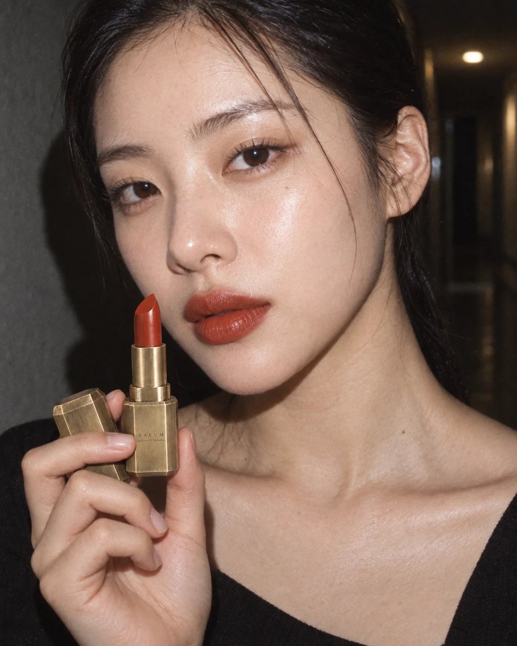 A model holding NAEUM Persimmon lipstick