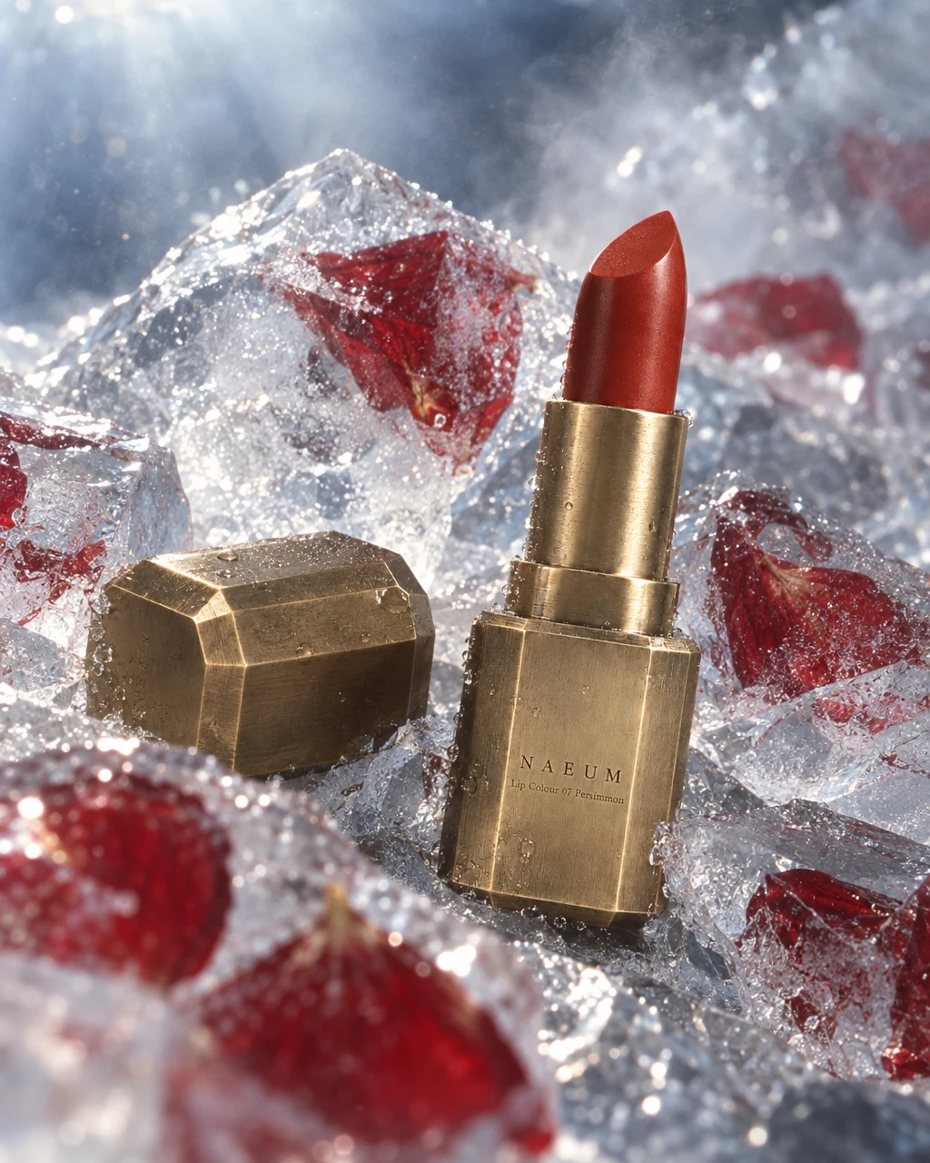 NAEUM Persimmon lipstick on ice and red petals
