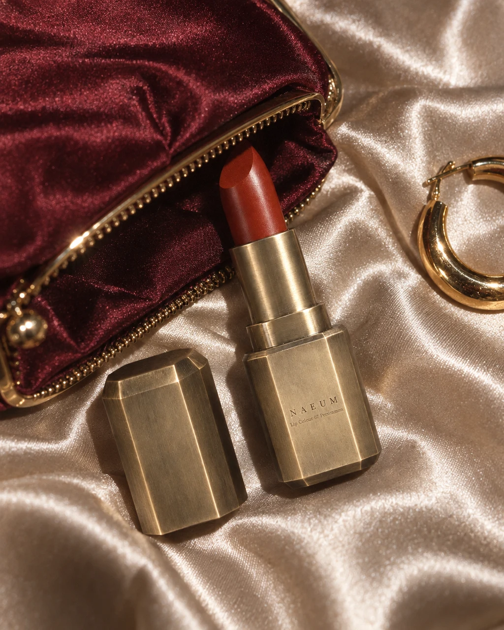 NAEUM Persimmon lipstick beside a satin pouch