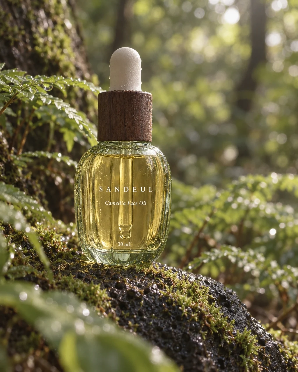 SANDEUL camellia face oil on a mossy stone